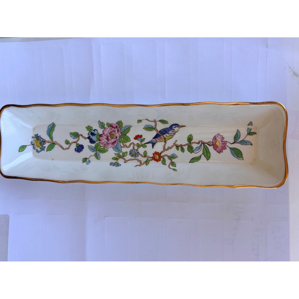 Aynsley Pembroke Fine Bone China Rectangular Tray Bird Floral Gold Trim England